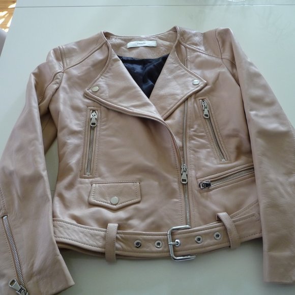 UTERQUE LAMBSKIN ROSEPETALS/BEIGE LEATHER BIKER JACKET SIZE SMALL NEW NO TAGS - Picture 3 of 15